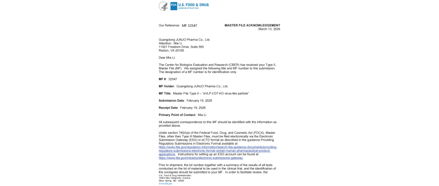 [Global Milestone] China's Gene Delivery Technology Enters the US FDA System—Guangdong Junhou Bio's eVLP-CD7-KO Virus-Like Particles Complete FDA DMF Filing